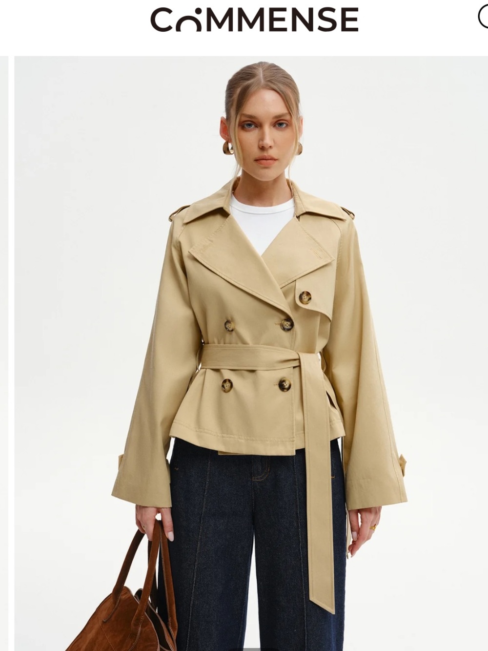 Commense Khaki Beige Double-Breasted Belted Trench Jacket XS